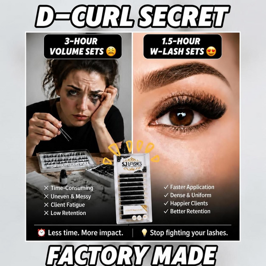 A lash tech applying 4D Clover W-shape eyelash extensions. Hand-rolled ultra-soft PBT silk volume lashes in matte black on a lash tray, showing zero glue residue and easy pickup for hybrid lash sets.