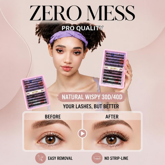 Model showcasing SJLASHES DIY cluster lash extension kit in pink tray for a professional home makeup look.