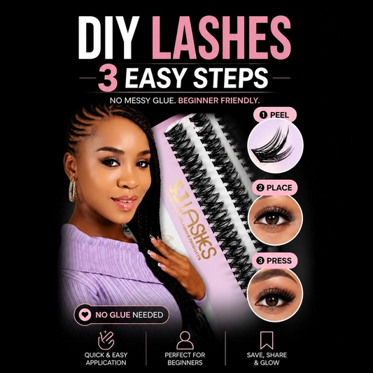 Close-up of the SJLASHES Self Adhesive Cluster Lash Book: pre-glued DIY lash extensions in two styles — wispy shaped clusters and uniform 10mm, 12mm and 14mm clusters — worn under the natural lash line with no glue needed.