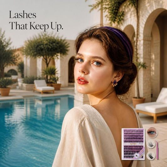 Woman by a pool wearing everyday cluster lashes that are meant to keep up with heat and water, kit shown at the corner
