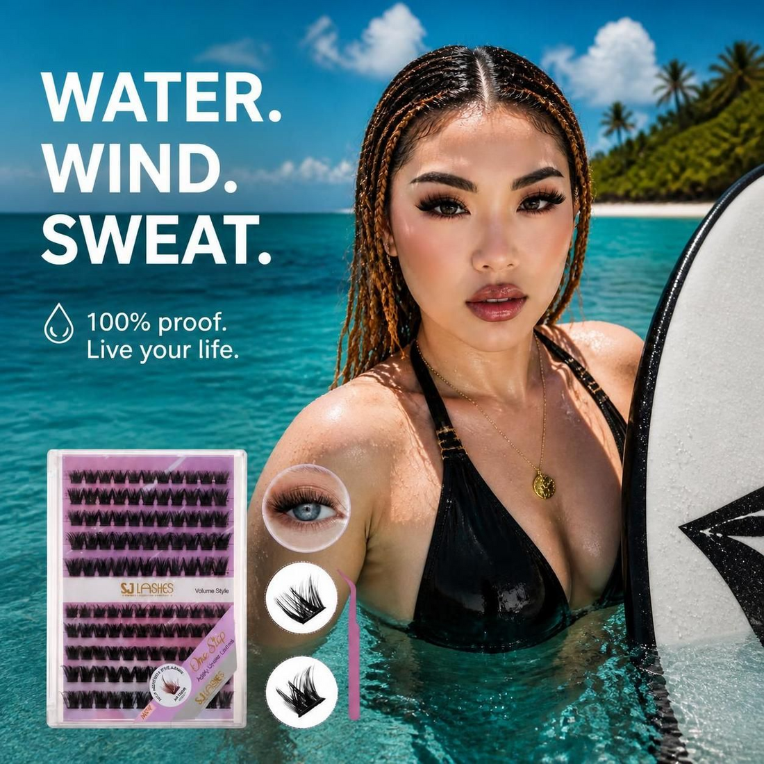 Woman in the tropical ocean holding a surfboard, wearing SJLASHES Mega Volume Glam Cluster Lashes—100% waterproof and designed to withstand water, wind, and sweat for swimming, surfing, and beach vacations.