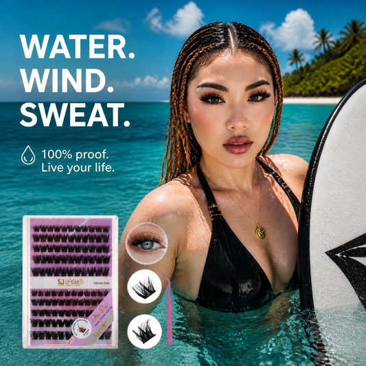 Woman in the tropical ocean holding a surfboard, wearing SJLASHES Mega Volume Glam Cluster Lashes—100% waterproof and designed to withstand water, wind, and sweat for swimming, surfing, and beach vacations.