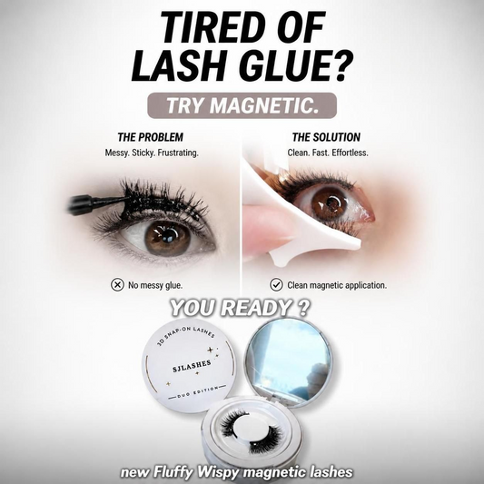 Close-up before-and-after view of a soft wispy false lash look created with black magnetic sandwich lashes, with the magnetic applicator and compact lash case shown.