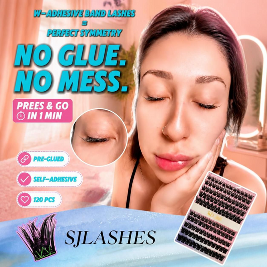 Step-by-step video showing how to pick up SJ LASHES pre-glued cluster lashes near the W-shaped wide-base adhesive strip, place them underneath natural lashes and press gently for a balanced DIY lash look.