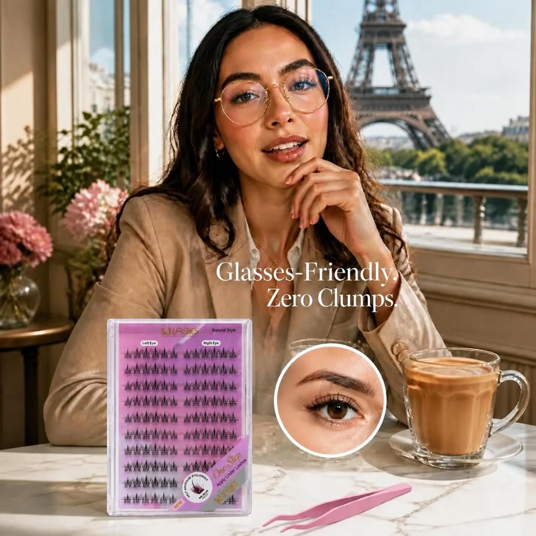 One Step Natural Press-On Lashes by SJLASHES: application, tweezer tug test and glasses check