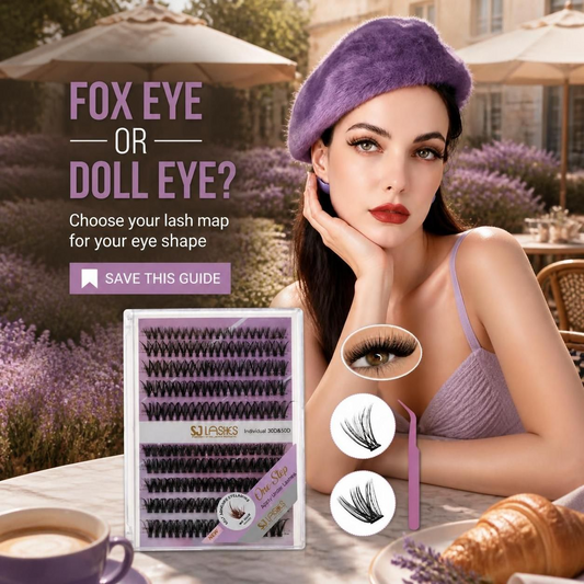 Outdoor themed lash map graphic with a model in a purple beret and text Fox Eye or Doll Eye and Choose your lash map for your eye shape. A lash tray, eye example, cluster illustrations, and applicator appear below.