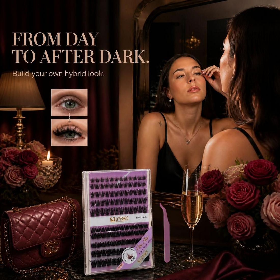 Signature Hybrid pre-glued lash clusters with waterproof hold, 120 reusable C-curl clusters in 10–16mm lengths for customizable wispy hybrid looks.