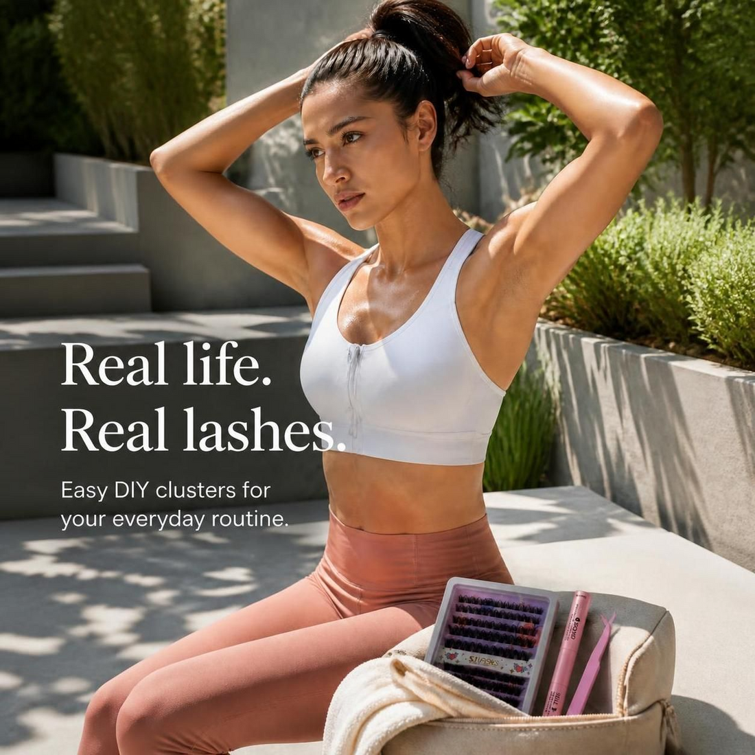 woman tying her hair after a workout wearing diy cluster lash extensions, sjlashes hybrid cluster lash kit and bond and seal pen in a gym bag