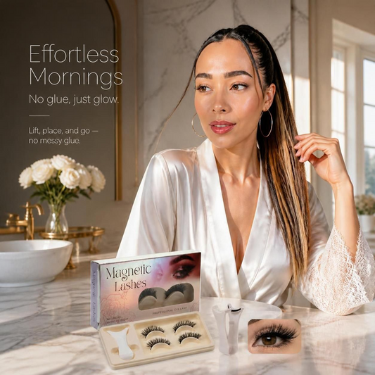 Woman in a bathroom robe with SJLASHES magnetic lash kit, applicator, and natural eye close-up for glue-free effortless mornings