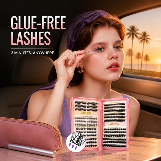 SJLASHES glue-free self-adhesive cluster lashes 3 minutes anywhere car travel sunset model applying pre-glued DIY lash book no glue needed