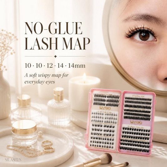 SJLASHES no glue lash map chart 10-10-12-14-14mm soft wispy self adhesive lashes for everyday eyes with the open pink lash book