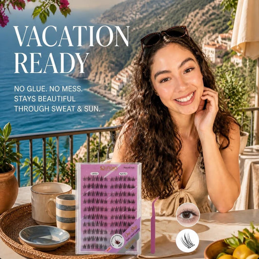Smiling woman on a seaside terrace with the SJLASHES natural cluster lash tray and tweezers, a no-glue travel beauty routine