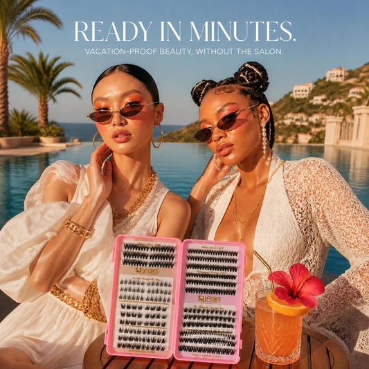 Two models wearing SJLASHES pre-glued lashes by the swimming pool showing vacation-proof beauty without the salon