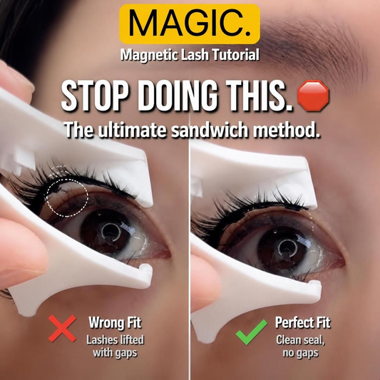Step-by-step tutorial on how to apply magnetic sandwich lashes without glue using a custom applicator for a bold cat-eye look.