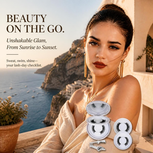 Model wearing wispy false lashes at a seaside destination with a compact no glue magnetic eyelash kit displayed in the foreground.