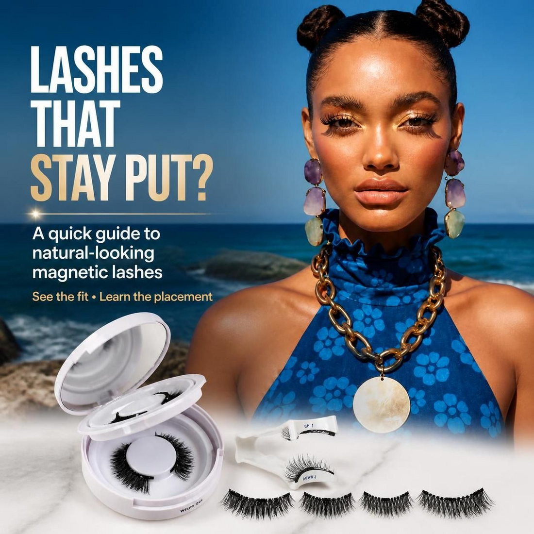 Close-up of a model wearing voluminous false eyelashes with a soft 3D textured finish, illustrating a fuller-looking lash effect for everyday makeup.