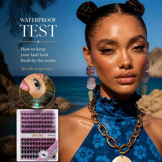 SJLASHES Natural Style lash clusters shown with a model by the water and an inset demonstrating lash hold after water exposure.