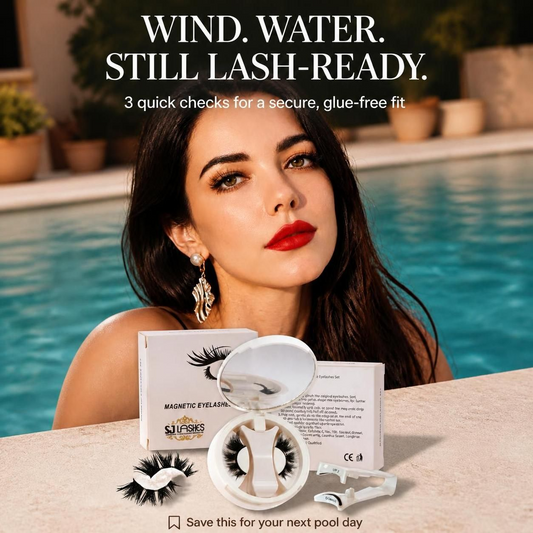 Square poolside graphic showing a model wearing SJLASHES reusable magnetic sandwich eyelashes with the product box, compact mirror case, and applicator on the poolside edge.