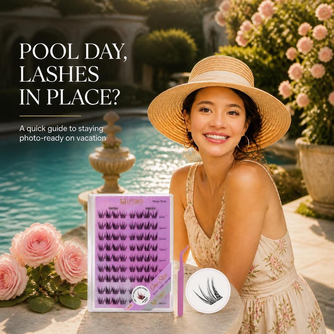 Woman in a straw hat by a sunlit fountain pool with the lash kit on a stone table, promoting lashes that stay in place