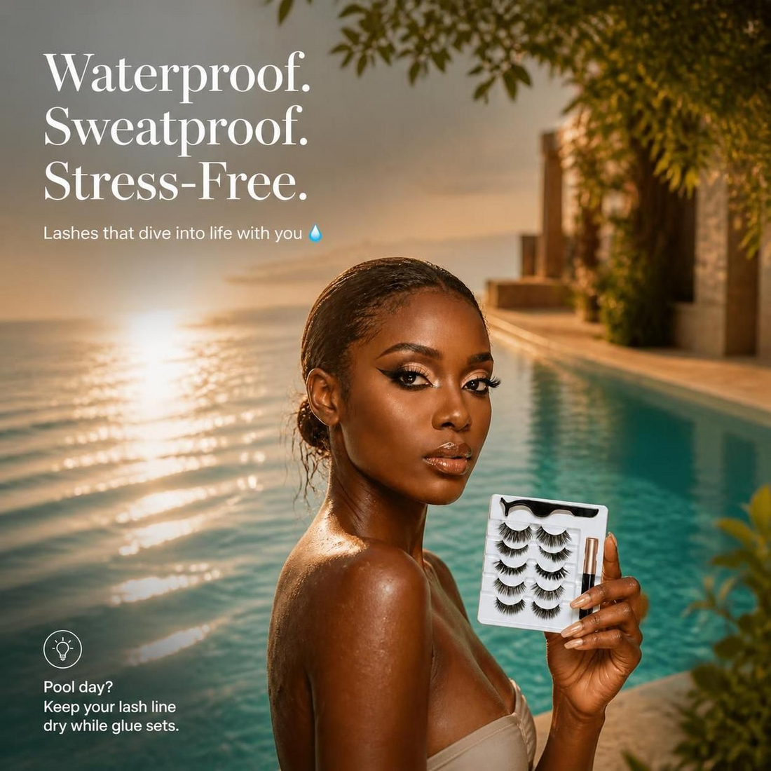 Golden-hour poolside beauty portrait showcasing SJLASHES sweatproof five-pair 3D magnetic eyelashes and quick-drying rose-gold eyeliner for travel