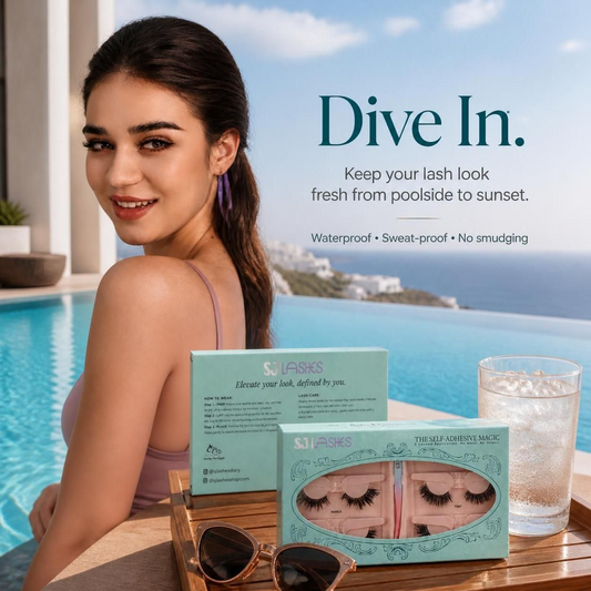Model beside an infinity pool overlooking the sea, with SJ LASHES pre glued eyelash packaging, sunglasses and an iced drink on a wooden tray.