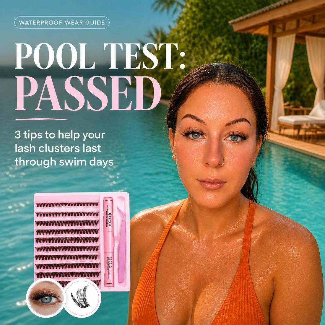 Square poolside SJLASHES lash graphic with a pink kit, eye and lash detail insets, and the headline Pool test passed.