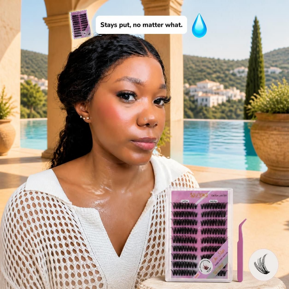 Model wearing SJLASHES cat-eye lashes in a poolside graphic, with the 50D press-on lash kit, pink applicator and individual cluster inset.