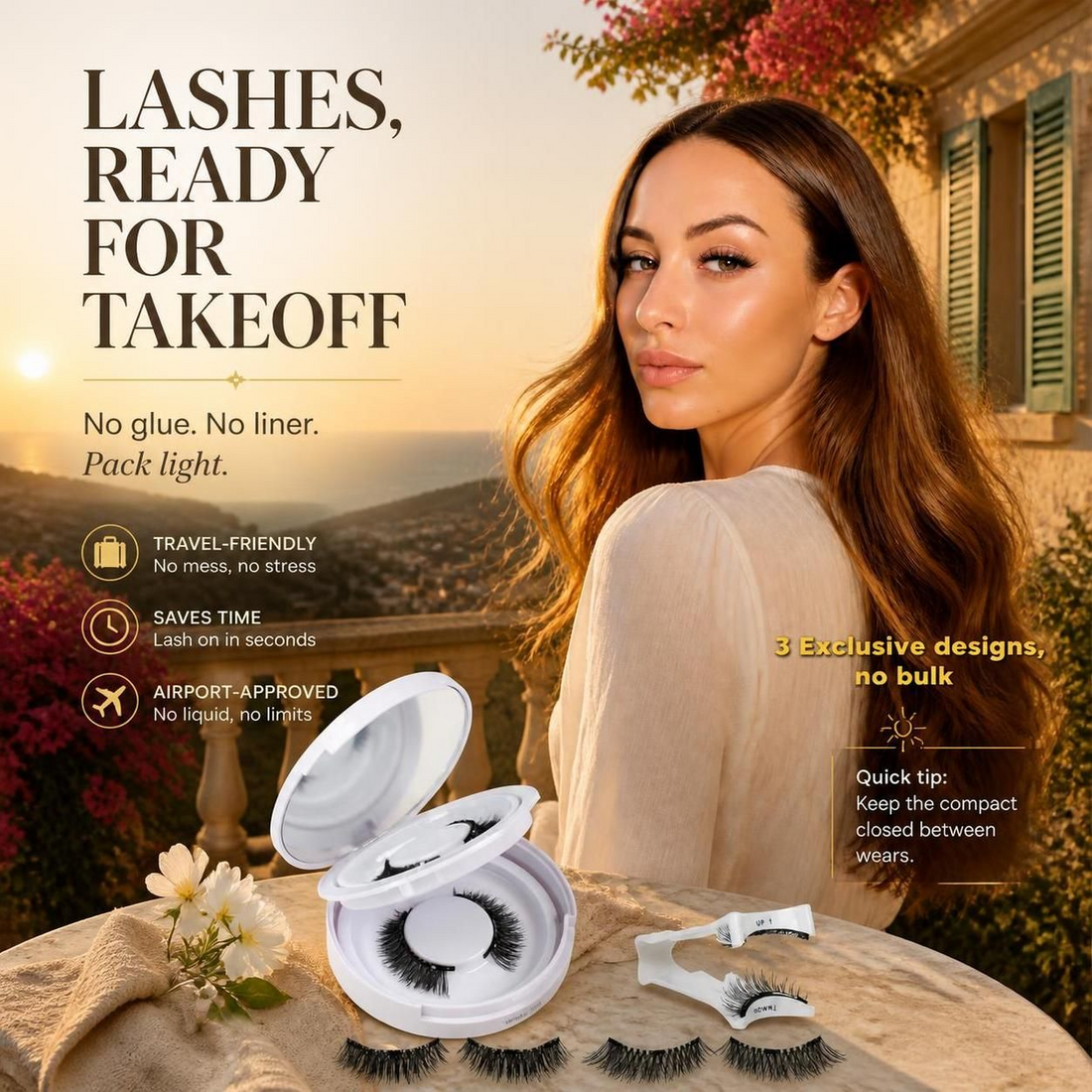 SJLASHES social media graphic reading lashes ready for takeoff no glue no liner pack light travel friendly with 3 exclusive designs no bulk and up indicator.
