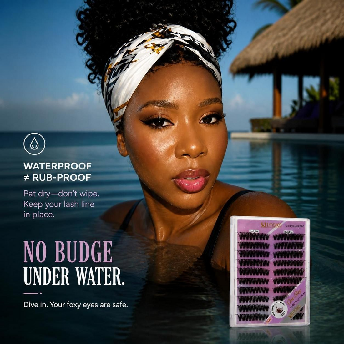 Square SJLASHES pool-themed poster featuring a model and 50D lash kit, with “No Budge Under Water” text and advice to pat dry rather than wipe.