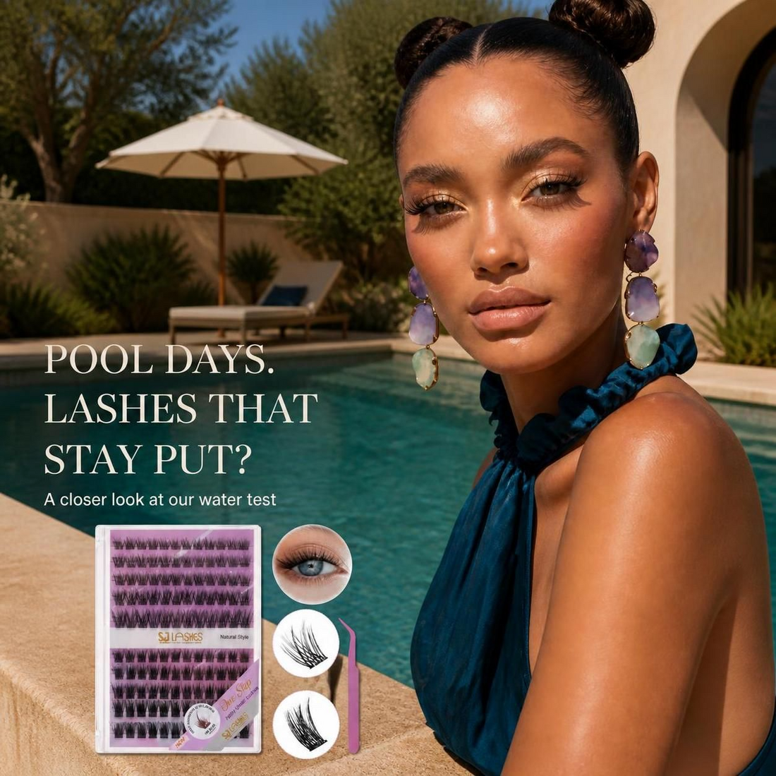 SJLASHES poolside promotional graphic with the Everyday Classic kit, pink applicator and cluster details, inviting viewers to explore the water test.
