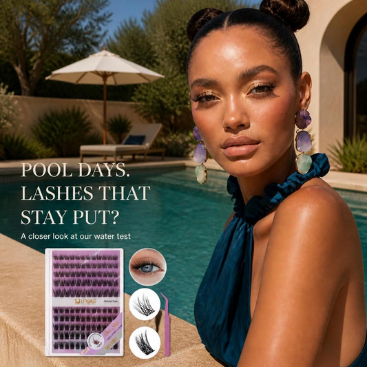 SJLASHES poolside promotional graphic with the Everyday Classic kit, pink applicator and cluster details, inviting viewers to explore the water test.