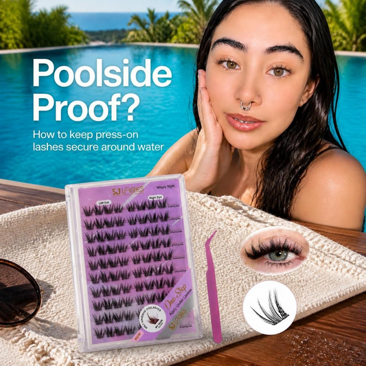 Vertical poolside graphic featuring a model and SJLASHES Wispy Style press-on lash kit with the question 'Poolside Proof?'.
