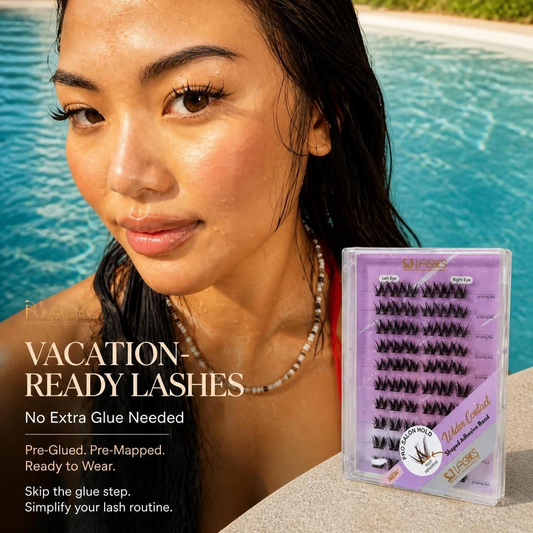 Model by a pool beside the SJ LASHES pre-glued cluster box, with the text vacation-ready lashes