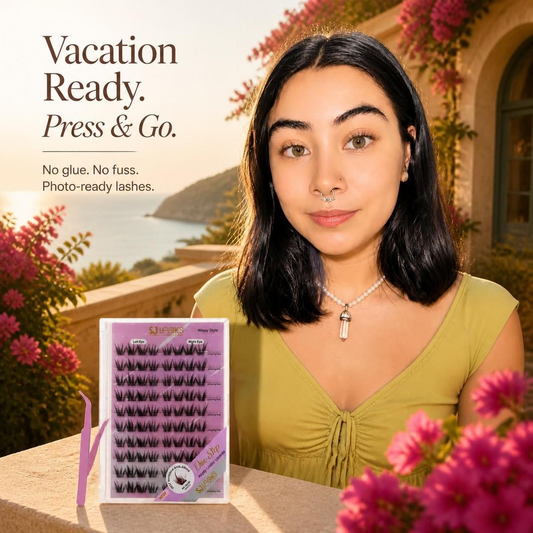 SJLASHES model holding a wispy press on lash kit outdoors, featuring vacation ready, no glue lashes for effortless natural looking lash extensions on the go.
