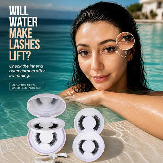 Poolside water-resistance test showing a model wearing glue-free magnetic eyelashes with secure inner and outer corners, paired with the SJ LASHES two-pair mirror compact kit.