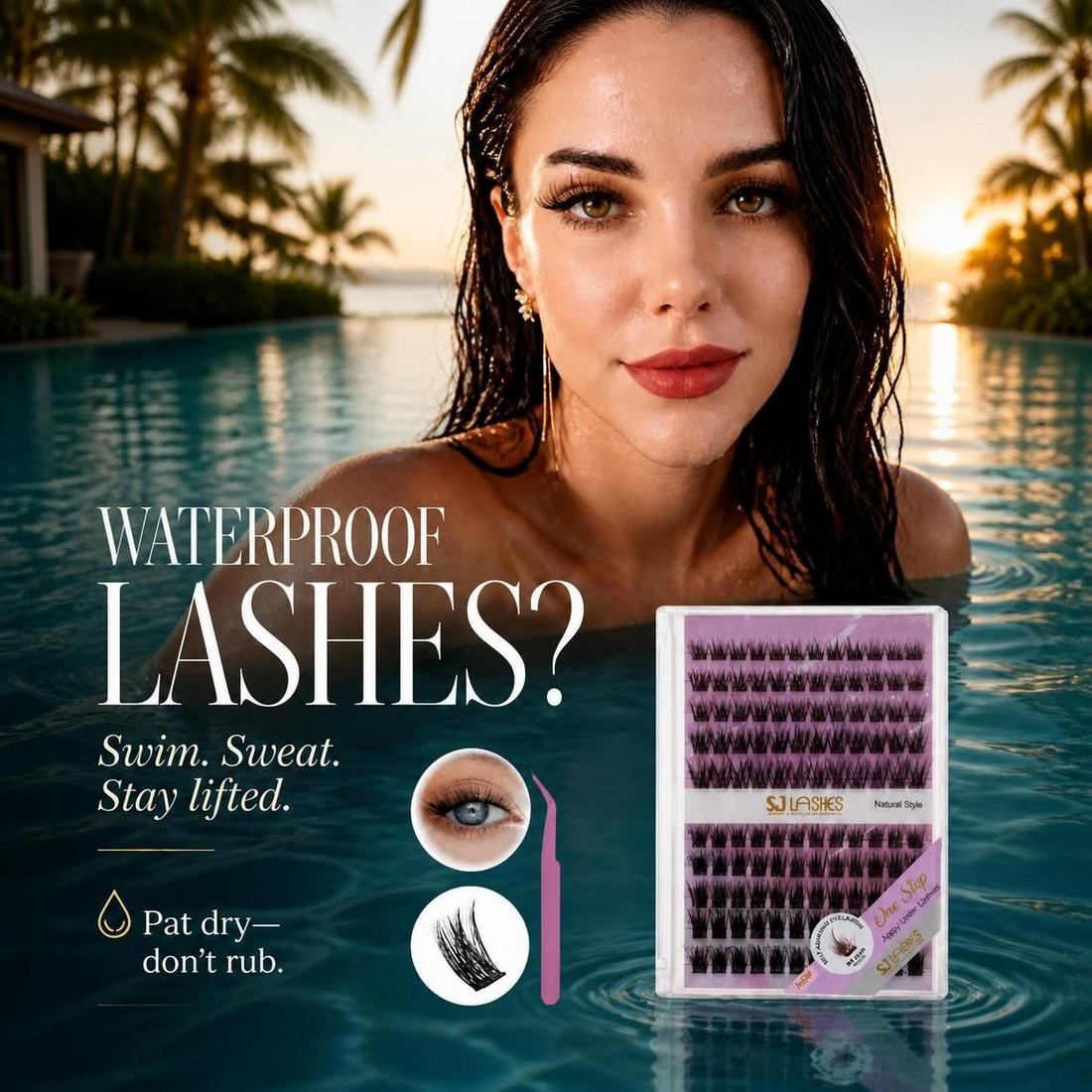 Woman in a pool wearing waterproof pre glued lash clusters with wet hair and lifted wispy lashes, with SJ LASHES Everyday Classic kit and pat dry care tip.