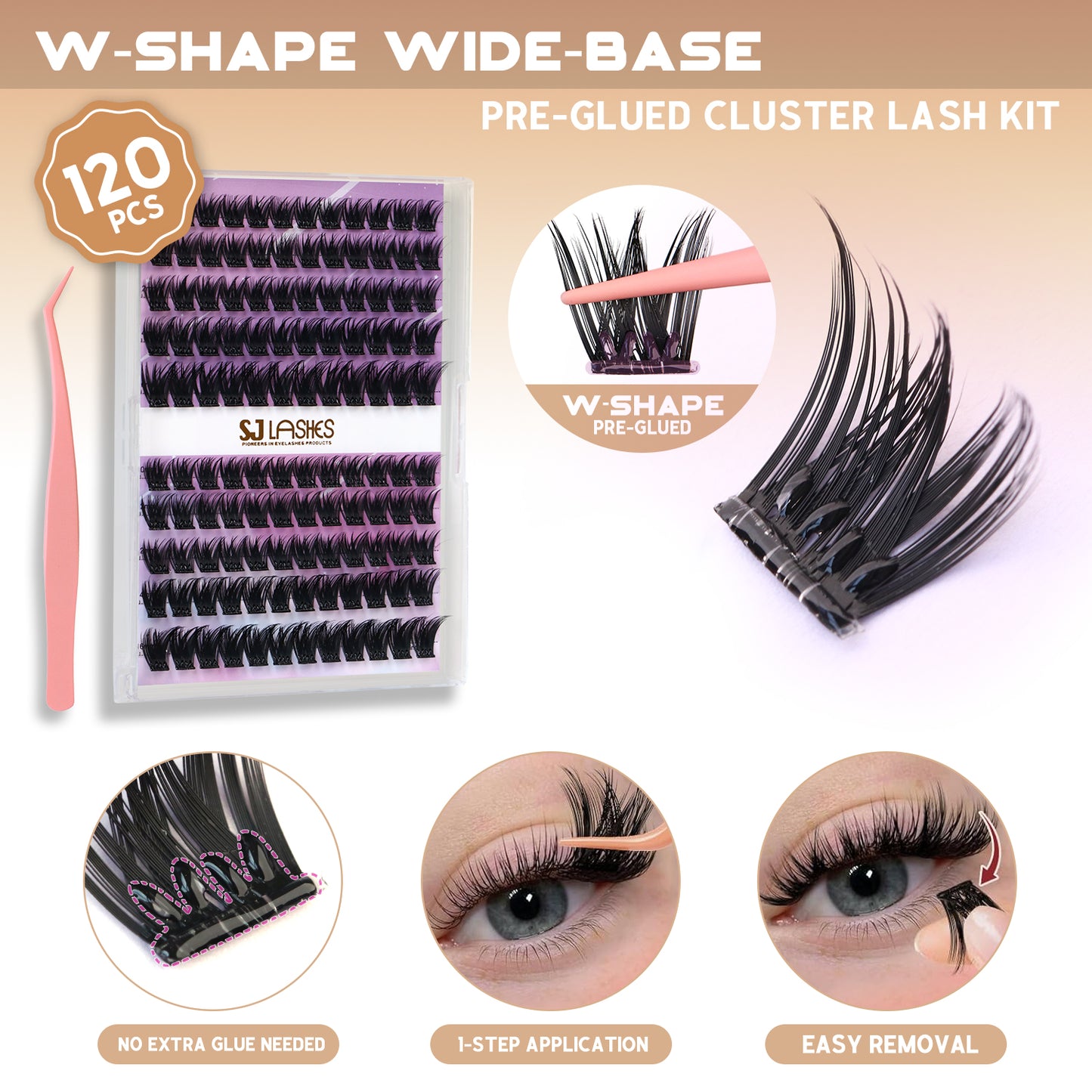 Self-Adhesive Pre-Glued Cluster Lash Kit: W-Shape Wide-Base & Pre-Mapped Contour Styles