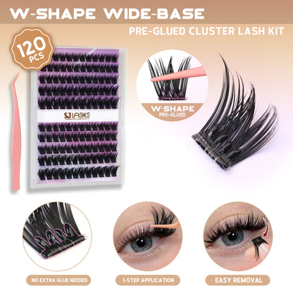 Self-Adhesive Pre-Glued Cluster Lash Kit: W-Shape Wide-Base & Pre-Mapped Contour Styles