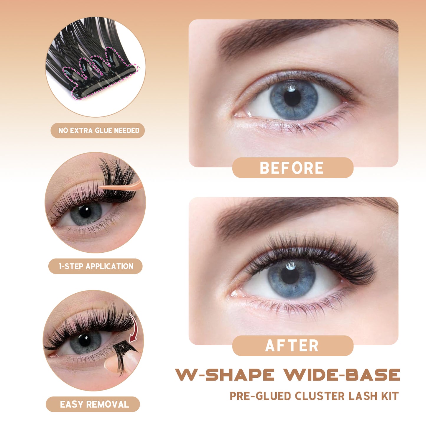 Self-Adhesive Pre-Glued Cluster Lash Kit: W-Shape Wide-Base & Pre-Mapped Contour Styles