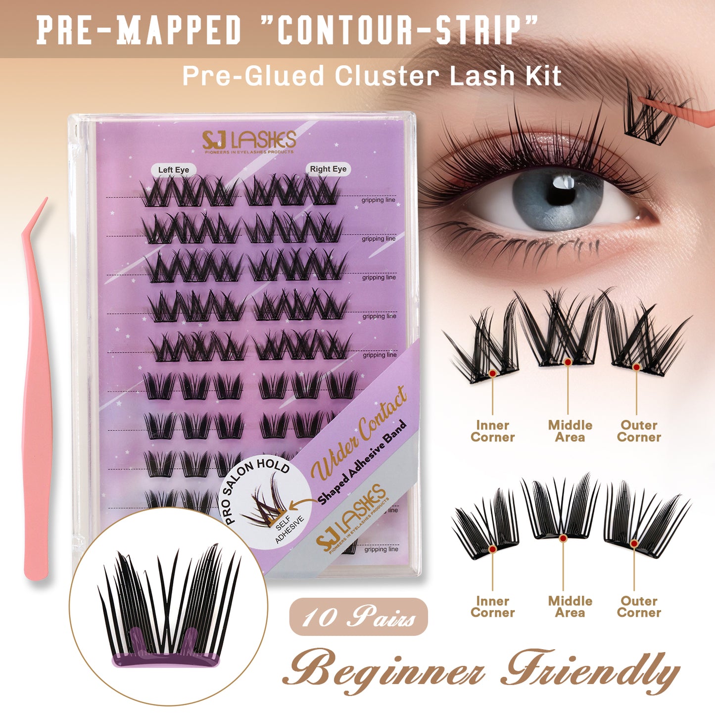 Self-Adhesive Pre-Glued Cluster Lash Kit: W-Shape Wide-Base & Pre-Mapped Contour Styles