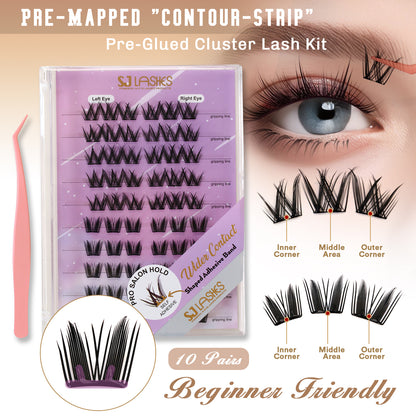 Self-Adhesive Pre-Glued Cluster Lash Kit: W-Shape Wide-Base & Pre-Mapped Contour Styles