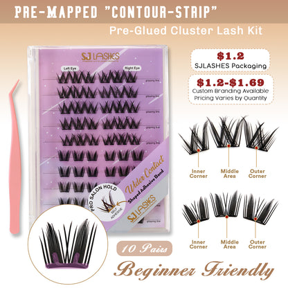 Self-Adhesive Pre-Glued Cluster Lash Kit: W-Shape Wide-Base & Pre-Mapped Contour Styles
