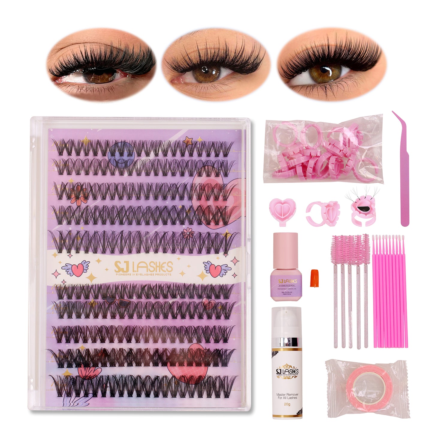 Complete DIY Eyelash Extension Kit - 30D & 40D Individual Cluster Lashes with Waterproof Adhesive, Remover and Tools (D Curl)
