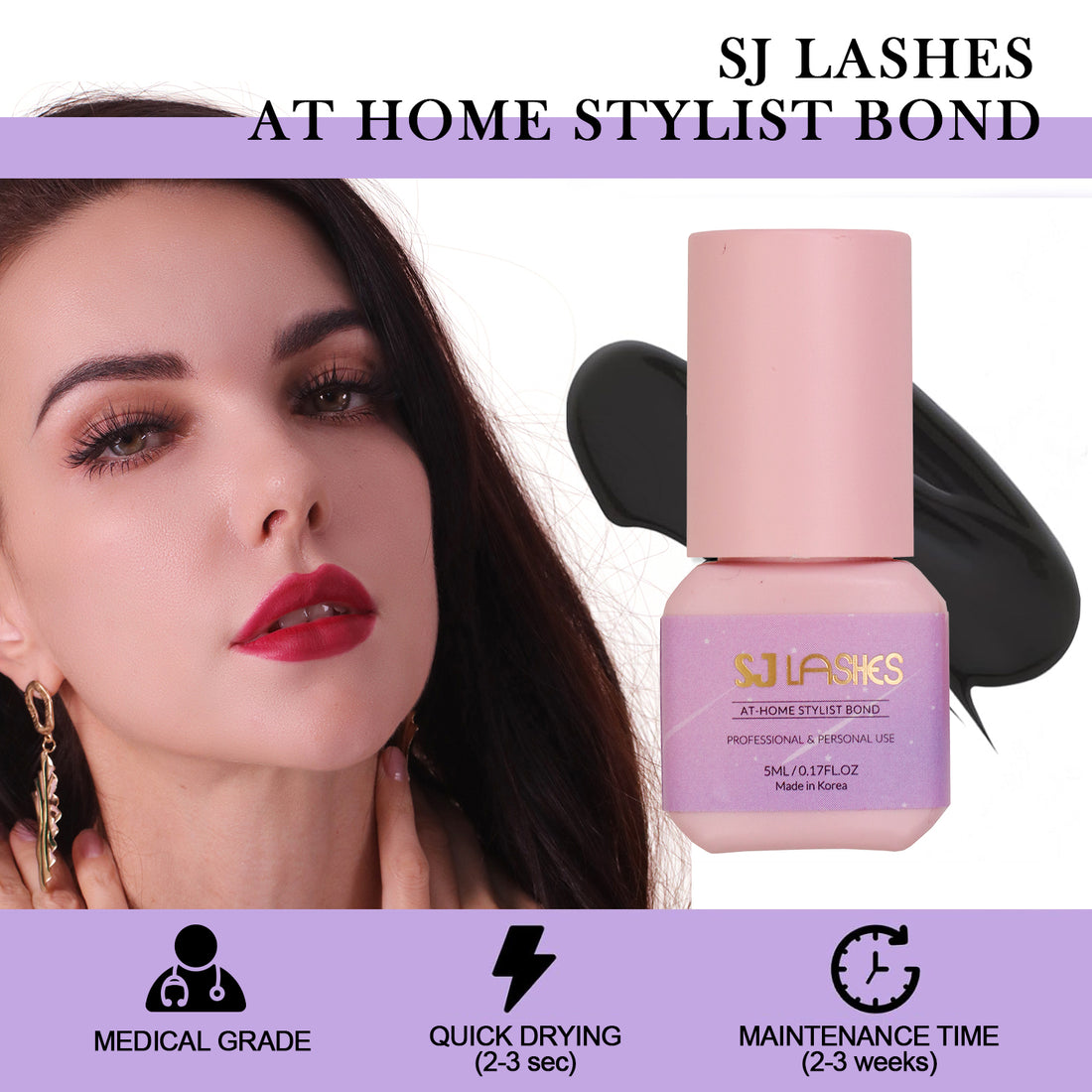 SJ LASHES At-Home Stylist Bond medical grade hypoallergenic DIY lash extension glue for beginners, 5 ml pink bottle with icons for medical grade, quick drying 2 to 3 seconds and maintenance time 2 to 3 weeks