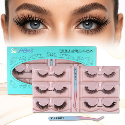 SJ LASHES Self-Adhesive Magic False Lashes Kit - 6 Pairs Reusable Pre-Glued Eyelashes with Pro Applicator - No Glue 3-Second Application