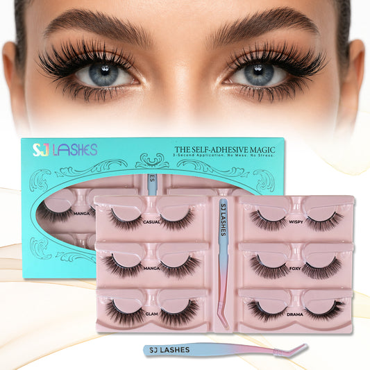 SJ LASHES Self-Adhesive Magic False Lashes Kit - 6 Pairs Reusable Pre-Glued Eyelashes with Pro Applicator - No Glue 3-Second Application