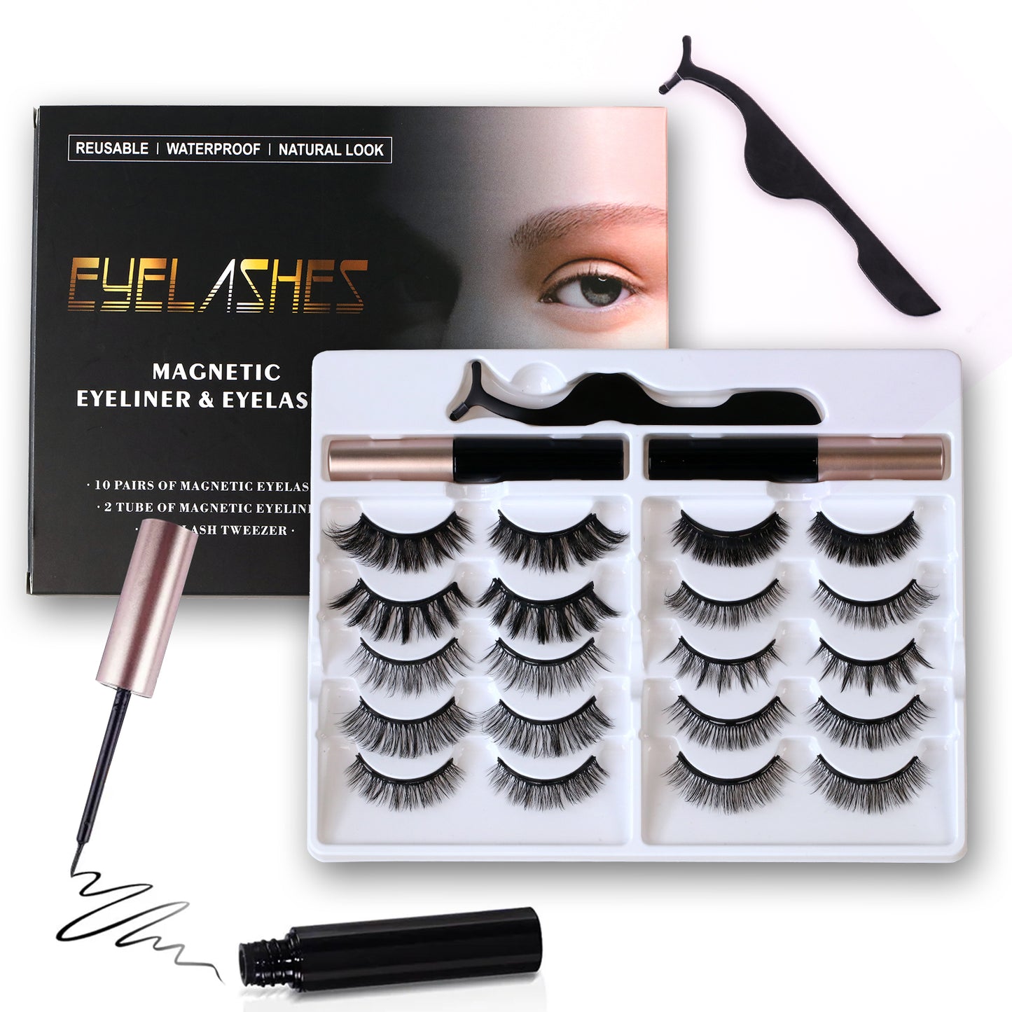 Upgraded Magnetic Eyelashes and Eyeliner Kit - 10 Pairs 3D Natural False Lashes, 5 Strong Magnets, Waterproof & Reusable Eyelash Set with Tweezers