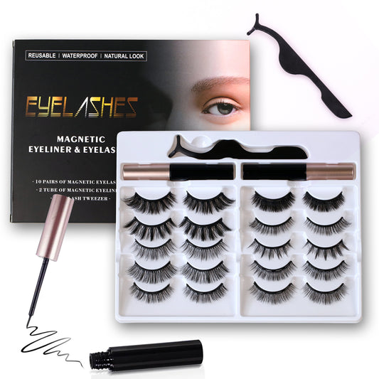 Upgraded Magnetic Eyelashes and Eyeliner Kit - 10 Pairs 3D Natural False Lashes, 5 Strong Magnets, Waterproof & Reusable Eyelash Set with Tweezers