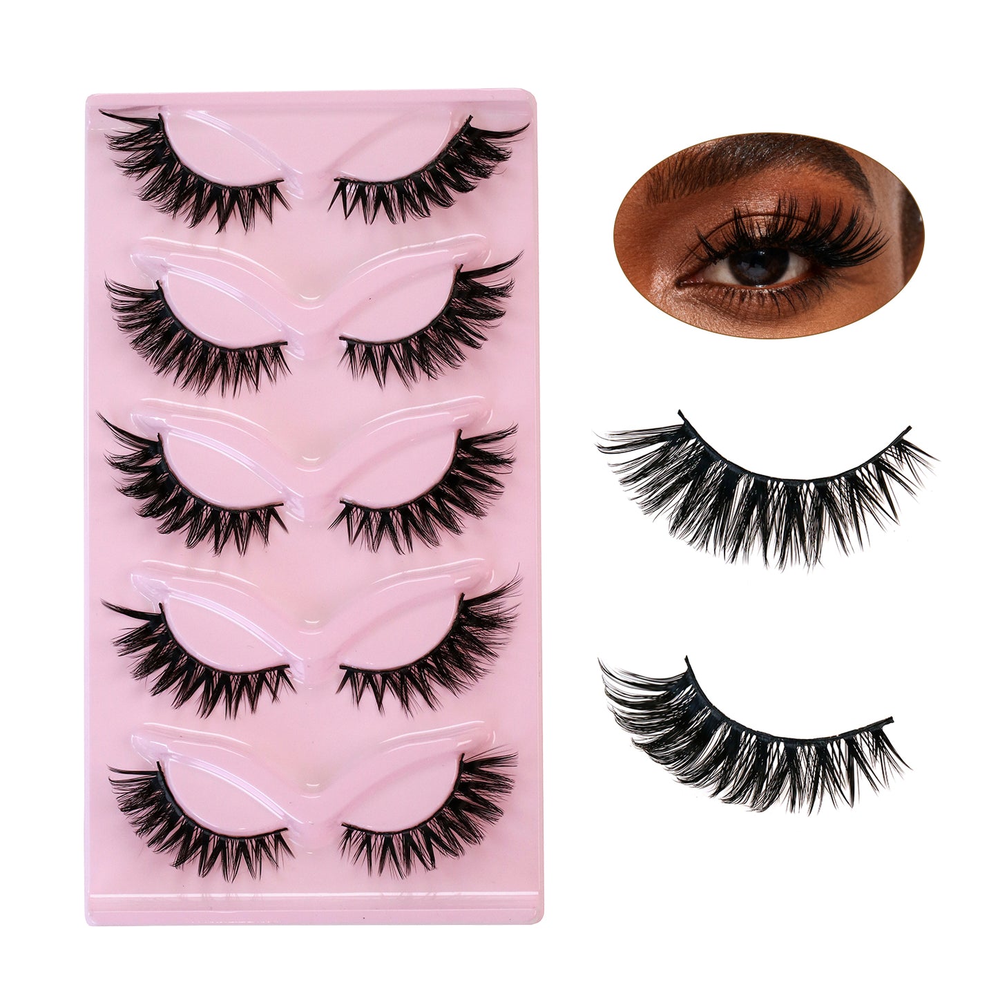 5 Pairs 3D Winged Cat Eye False Eyelashes Pink Tray Edition Wispy Drama Look Reusable by SJLASHES