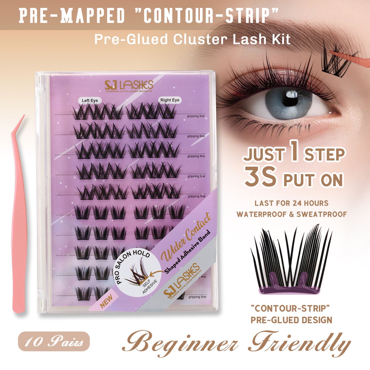 Self-Adhesive Pre-Glued Cluster Lash Kit: W-Shape Wide-Base & Pre-Mapped Contour Styles
